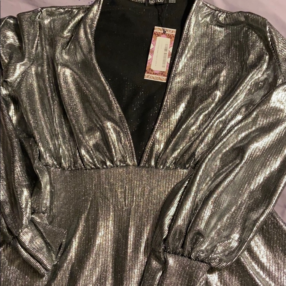Metallic plunge skater dress